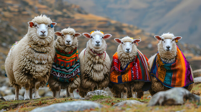 Sweet Sheep with colorful ponchos in Peru
