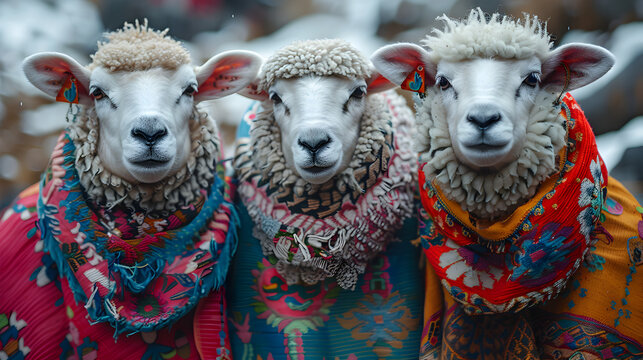 Sweet Sheep with colorful ponchos in Peru
