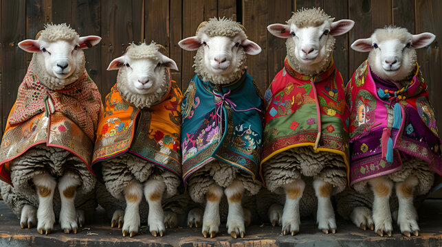 Sweet Sheep with colorful ponchos in Peru