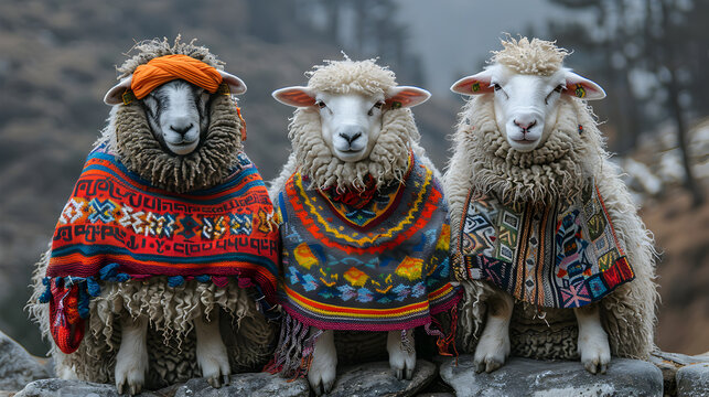 Sweet Sheep with colorful ponchos in Peru