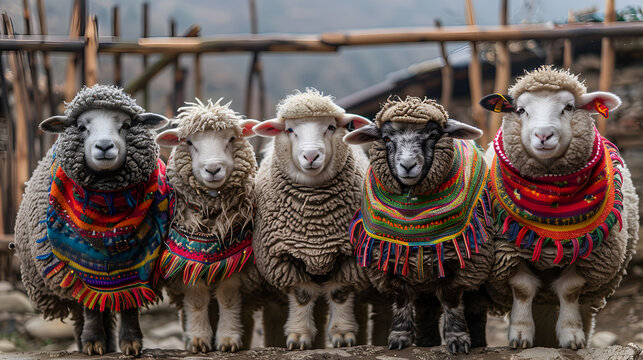 Sweet Sheep with colorful ponchos in Peru