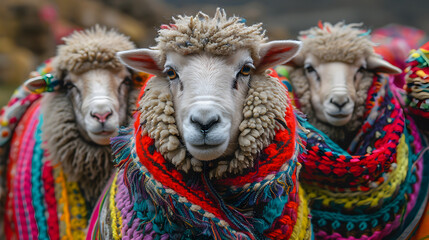 Sweet Sheep with colorful ponchos in the Andes - obrazy, fototapety, plakaty