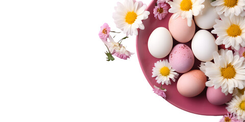 Fototapeta na wymiar Perfect Concept Design background for Happy Easter Day sale banner with colorful eggs and flowers.
