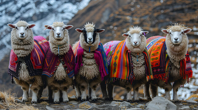 Sweet Sheep with colorful ponchos in Peru