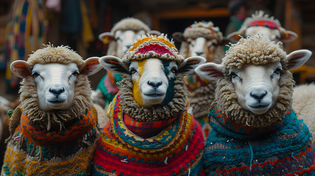 Sweet Sheep with colorful ponchos in Peru