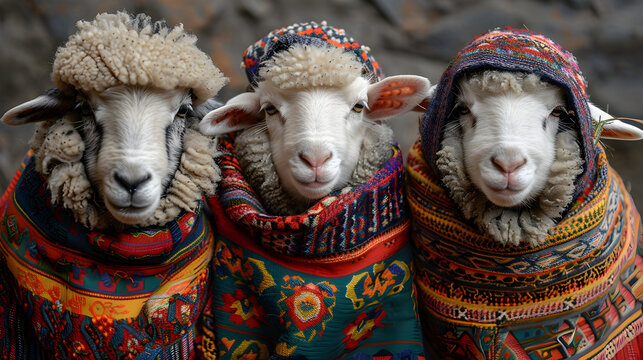 Sweet Sheep with colorful ponchos in Peru