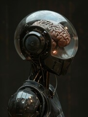 Image background, rusty android with a human brain placed on its head, Artificial Inteligence, AI-generated image, Youtube thumbnail background
