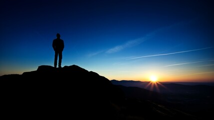 Serene Sunrise Vista with Silhouette of Person Standing on Mountain Top.