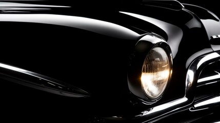 Sleek Black Vintage Car Close-Up with Glowing Headlight at Night. - obrazy, fototapety, plakaty