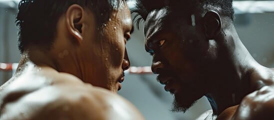 An African American athlete is standing next to his Asian boxing coach in this horizontal shot. They are both dressed in athletic attire, with focused expressions, possibly discussing strategy or