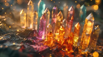 colourful crystals representing money and abundance, gold lights, nature. generative AI - obrazy, fototapety, plakaty