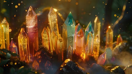 colourful crystals representing money and abundance, gold lights, nature. generative AI