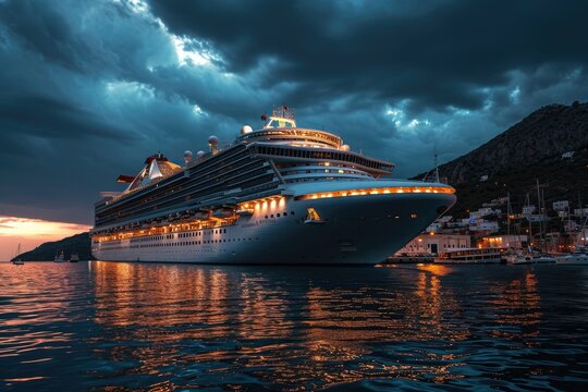 Cruise liner docked at city waterfront at night