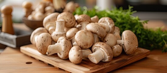 Fototapeta premium A variety of fresh Champignon mushrooms arranged neatly on a cutting board, presenting a savory and delightful sight.