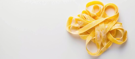 A heap of triangle-shaped homemade fettuccine nestles on a clean white surface, showcasing the vibrant yellow color of the pasta. Each strand is carefully arranged to form a visually appealing - obrazy, fototapety, plakaty