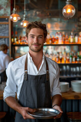 One man caucasian waiter at cafe or restaurant carry tray