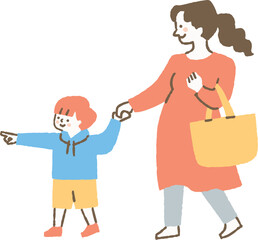 息子と手を繋いで歩く妊婦の母親_色