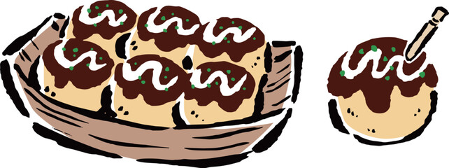 たこ焼き　舟皿に盛ったもの　爪楊枝を刺したもの　筆タッチイラスト