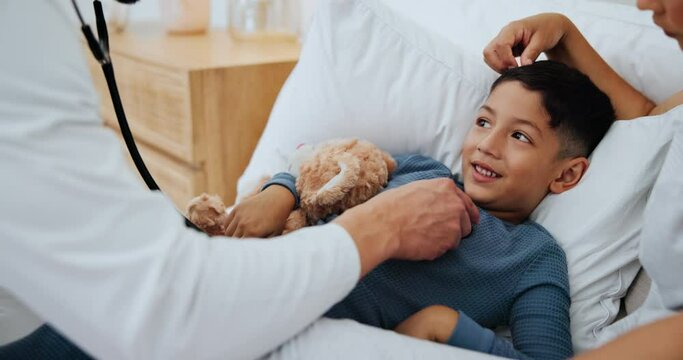 Mom, sick boy with doctor and homecare for cold, flu or comfort for woman with kid in apartment. Illness, fever and child in bedroom with mother, healthcare professional and stethoscope at home visit