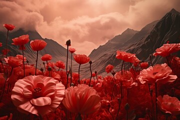Picturesque Red flowers mountain view. Sunset landscape. Generate Ai - obrazy, fototapety, plakaty