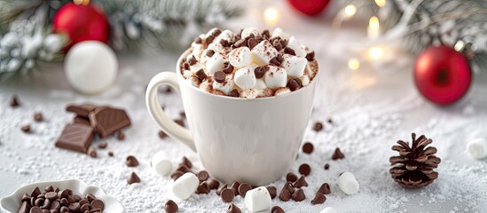Obraz na płótnie Canvas A cup filled with hot chocolate, topped with mini marshmallows that melt into a comforting and flavorful treat.