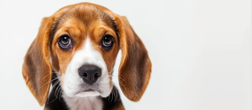This close-up photograph showcases the charming expression of an adorable beagle puppy on a clean and crisp white background.