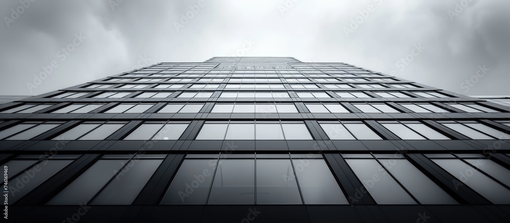 Poster a captivating black and white image showcasing a tall office building with abundant windows set agai
