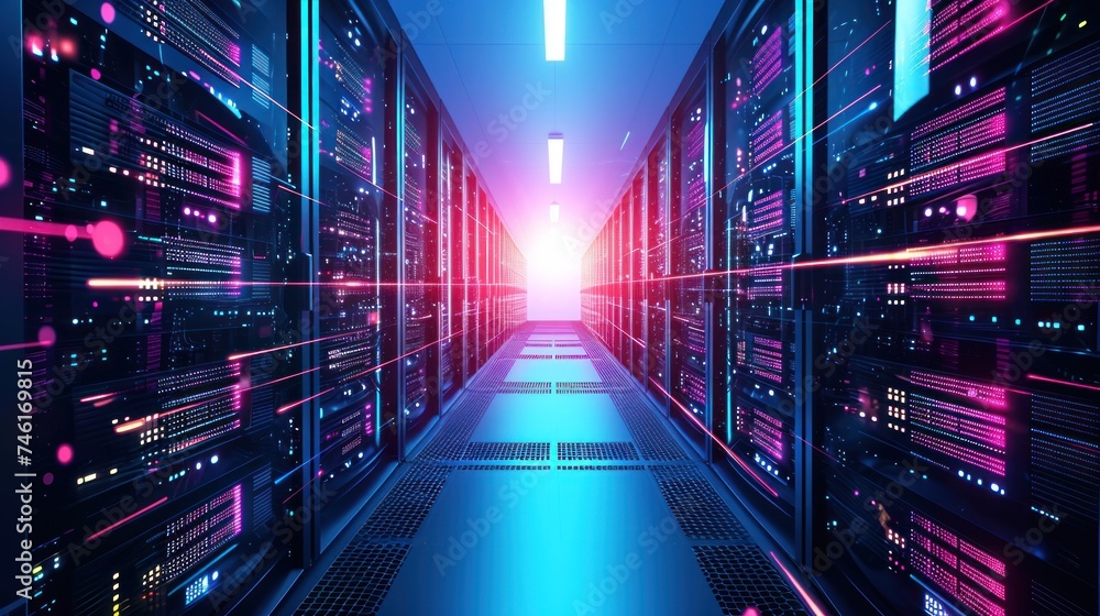 Poster abstract data center network system. server racks in server room data center .computer network secur
