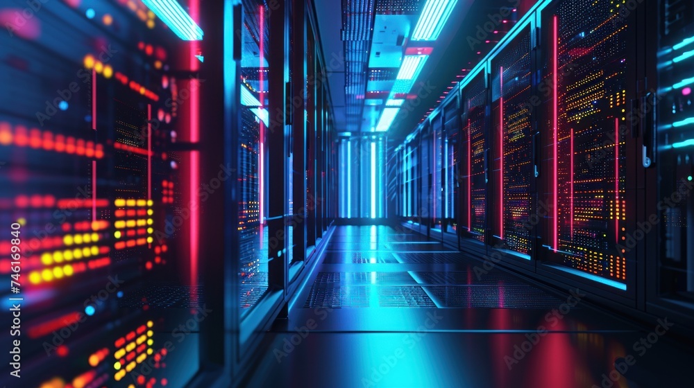 Poster abstract data center network system. server racks in server room data center .computer network secur