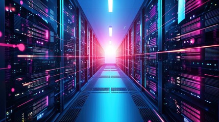 Abstract data center network system. Server racks in server room data center .computer network security concept.