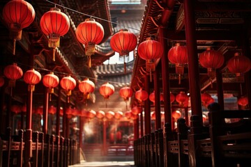 Illuminated Red chinese lantern street. Festival culture. Generate Ai