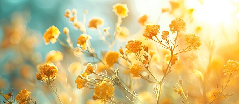 A cluster of yellow immortelle flowers stands out in a vast field, vibrant and blooming beautifully under the summer sun. The bright yellow petals create a striking contrast with the greenery around