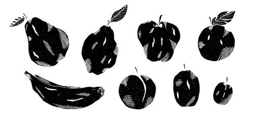 Set of black vector linocut style fruits illustrations. Cute textured apple, pear, lemon quince, banana for design, cooking and shop advertisement, banners, sticker, package