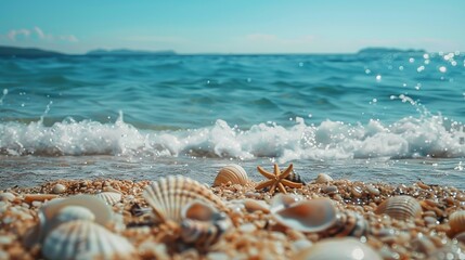 Sea coast with sand, ocean wave, shells and star fish on tropical island. beach with sandy seaside, blue transparent water surface. Paradise island, exotic tropical