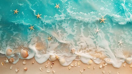 Sea coast with sand, ocean wave, shells and star fish on tropical island. beach with sandy seaside, blue transparent water surface. Paradise island, exotic tropical - obrazy, fototapety, plakaty