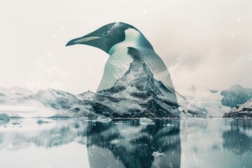 A penguin overlaid with an icy Antarctic landscape in a double exposure - obrazy, fototapety, plakaty
