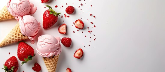Three strawberry ice cream cones topped with fresh strawberries placed neatly on a white surface. The vibrant red strawberries contrast beautifully against the creamy ice cream and crispy wafer cones.