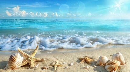 Fototapeta na wymiar Sea coast with sand, ocean wave, shells and star fish on tropical island. beach with sandy seaside, blue transparent water surface. Paradise island, exotic tropical