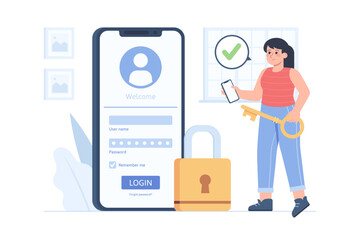 Login Vector Illustration Flat- Character logging in with a key