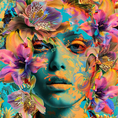 a pop art psychedelic image of a powerful woman with big retro flowers in her hair mixed media...