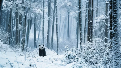 Zelfklevend Fotobehang Panda’s Snowy Solitude: A Bamboo Forest in Winter © 대연 김
