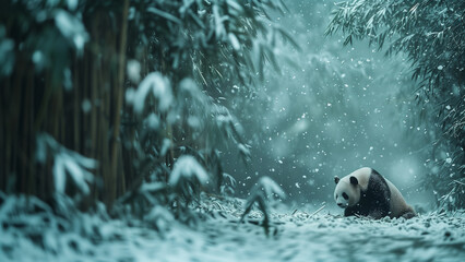 Winter Wonderland: Panda Amidst Snowy Bamboo