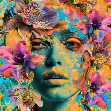 a pop art psychedelic image of a powerful woman with big retro flowers in her hair mixed media album cover style trippy beauty new look young mother nature