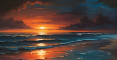 Deep beautiful sunset at the sea - obrazy, fototapety, plakaty