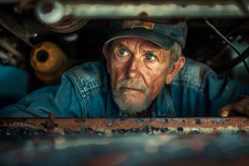 Thoughtful mechanic peering from beneath a car, his experienced gaze reflecting knowledge and a lifetime of skill.

