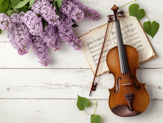 A romantic scene with lilacs, a violin, and a music sheet on a table. Top view composition