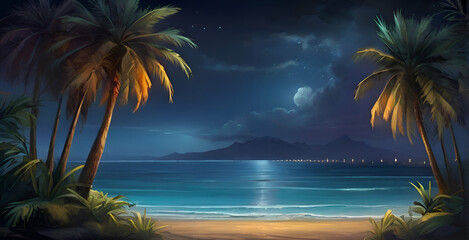 Fototapeta na wymiar Palms at the beach in night