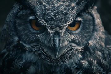 Obraz premium Intense close-up of a majestic owl, with piercing orange eyes against a dark background, evoking mystery and wisdom.