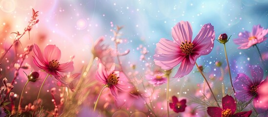Blooming cosmos flowers create a beautiful pink carpet in a landscape surrounded by a clear blue sky.