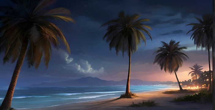 Palms at the beach in night